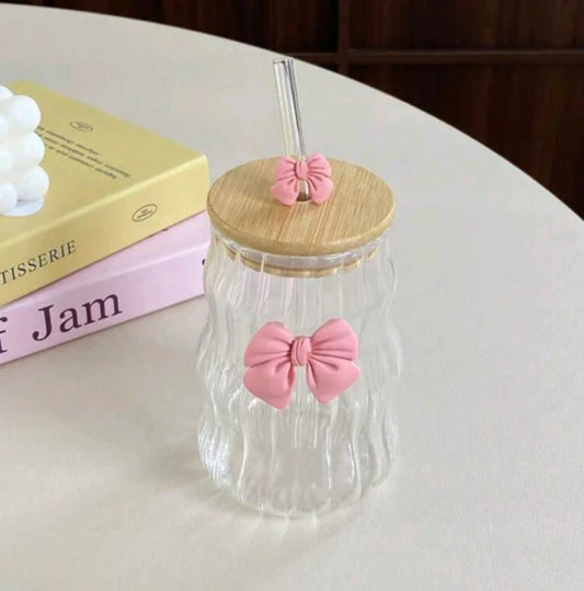 Bow Coffee Glass Mug | High Borosilicate Cloud Cup with Wooden Lid & Straw (1 Pc)