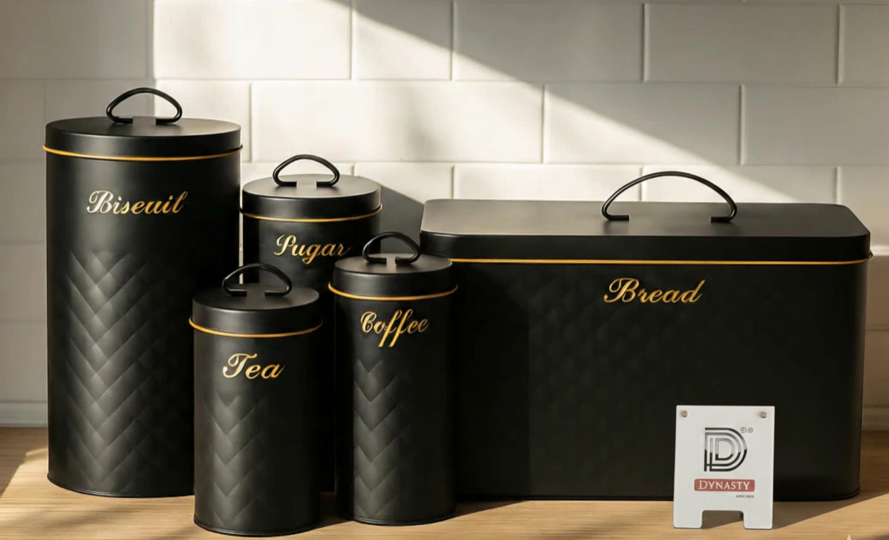 5 Pcs Metal Kitchen Bread Box & Storage Jar Set | Modern Countertop Canister Set
