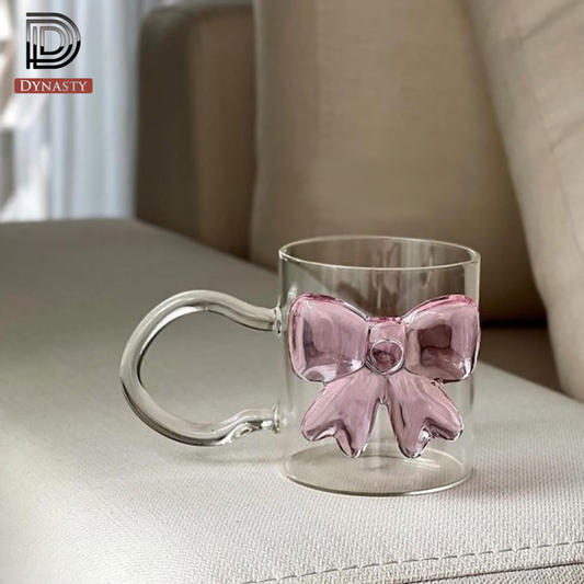 Creative Bow Glass Mug 300ML | Rose Handle Aesthetic Glass Cup (1 Pc)
