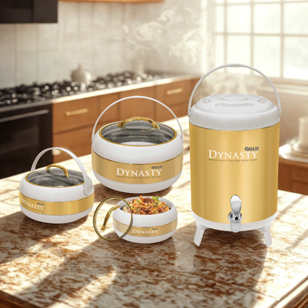 Dynasty Premium White & Gold Hotpot Food warmer and Water Cooler Set 4-Pcs