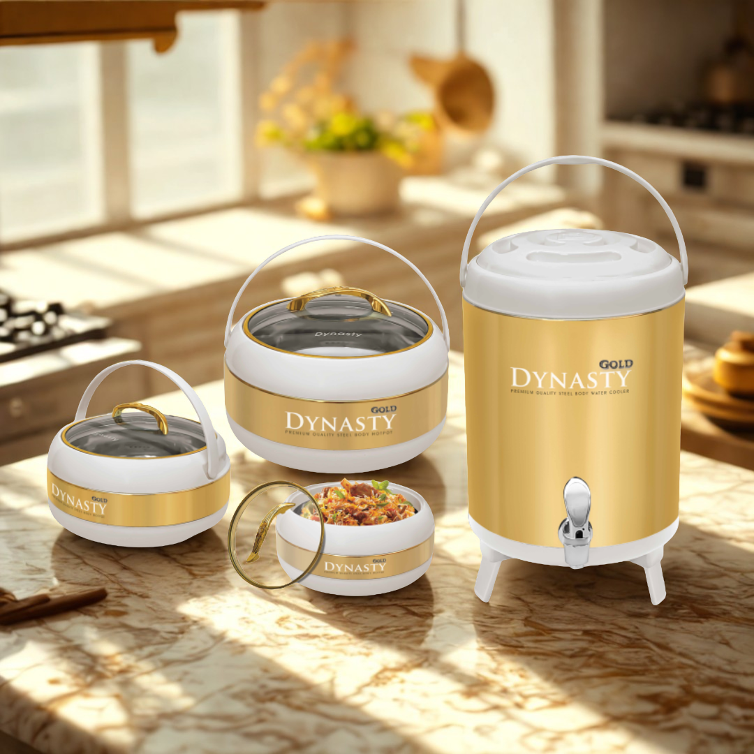 Dynasty Premium White & Gold Hotpot Food warmer and Water Cooler Set 4-Pcs